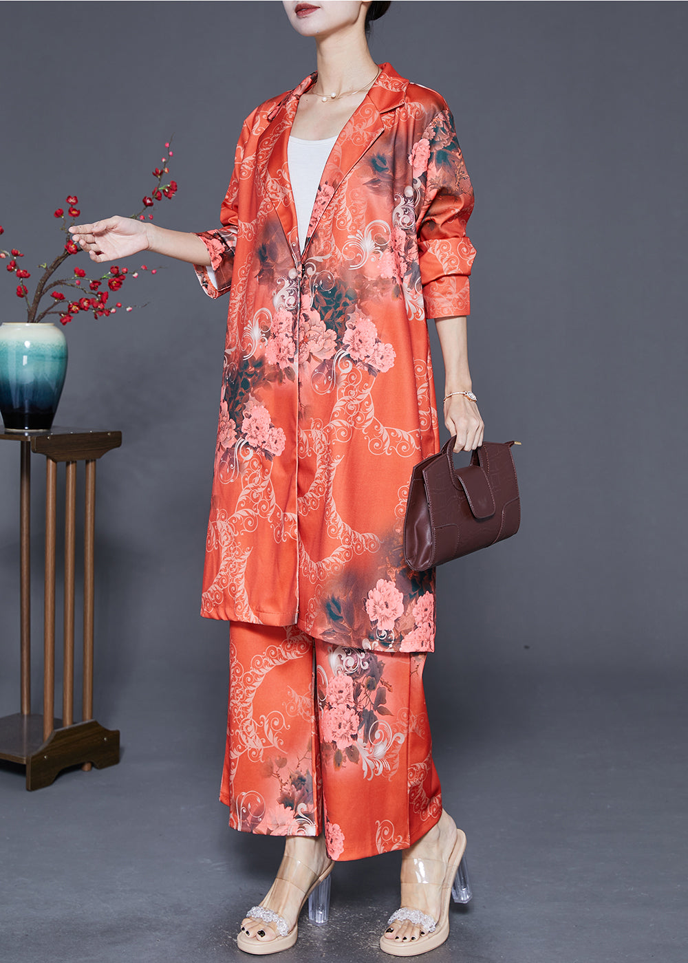 Diy Orange Lapel Print Silk Two Pieces Set Fall