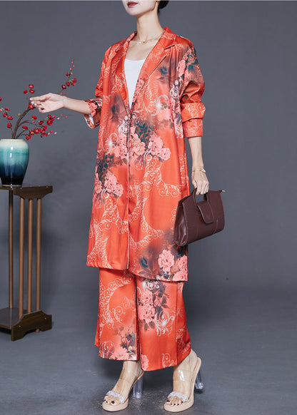 Diy Orange Lapel Print Silk Two Pieces Set Fall