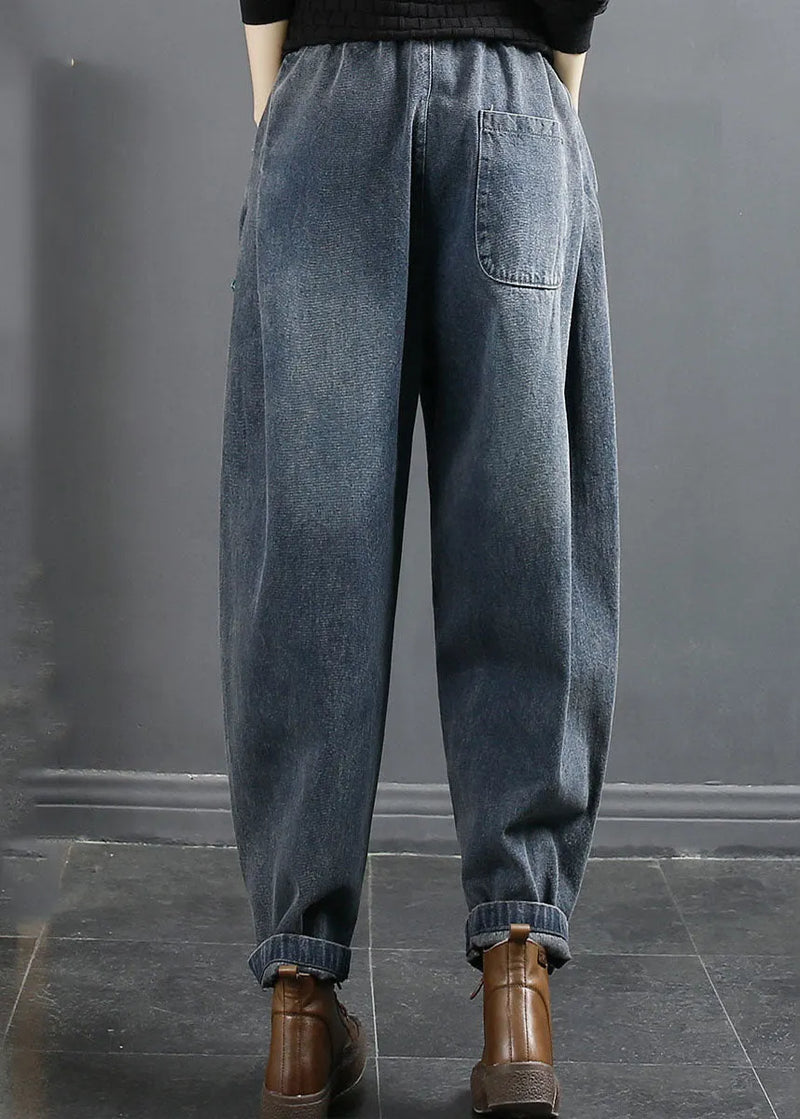 Blue Pockets Patchwork Elastic Waist Cotton Denim Harem Pants Fall
