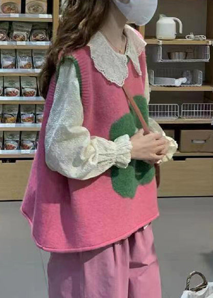 Italian Pink O Neck Patchwork Knit Vest Sleeveless