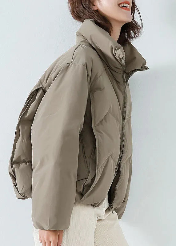 Khaki Cotton Blend Puffer Jacket Stand Collar Zip Up Drawstring Long Sleeve