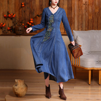 Navy V Neck Embroidered Button Long Denim Dresses Long Sleeve