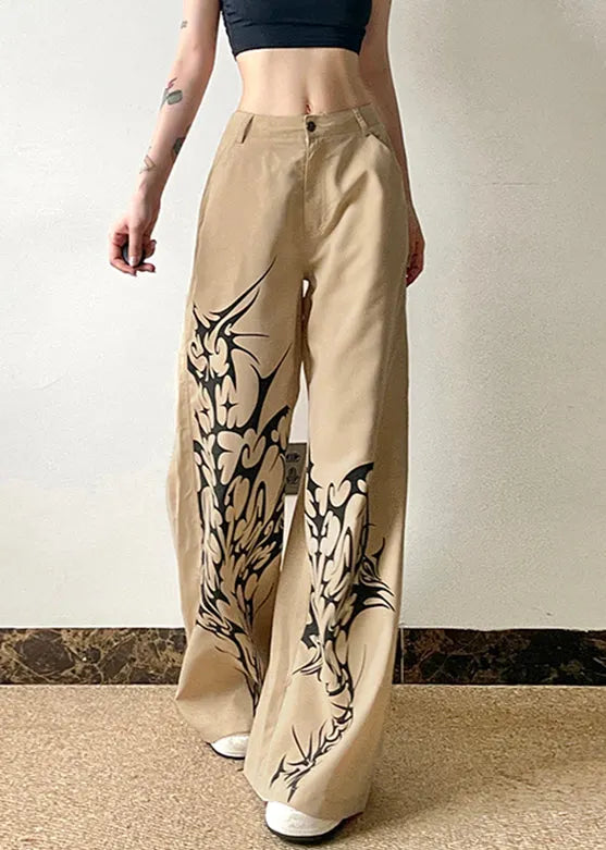Khaki Print High Waist Cotton Wide Leg Pants Summer