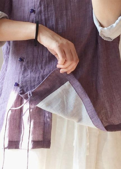 French Purple Tops Blouses Stand Collar Button Down Clothing Blouse