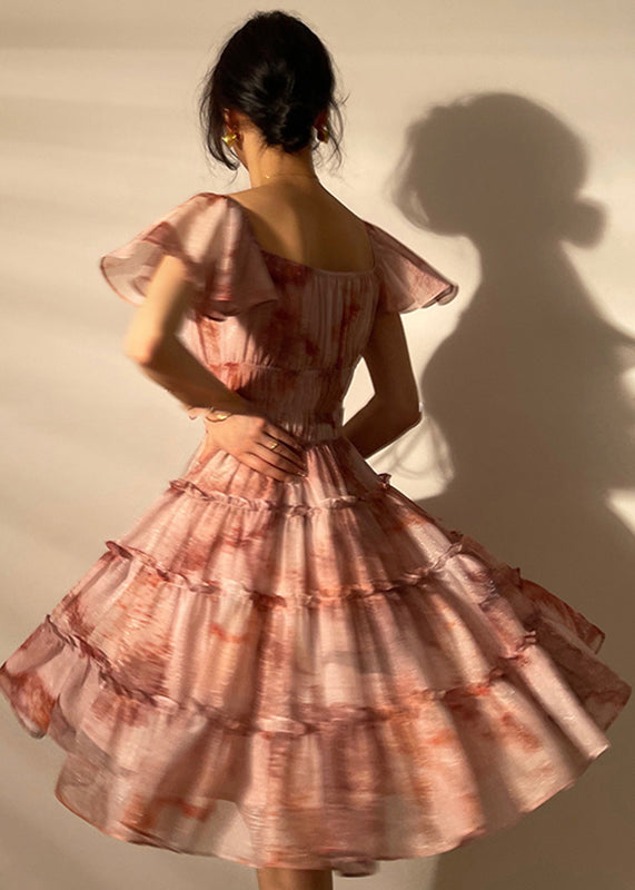 Square Collar Print Chiffon Mid Dresses Short Sleeve
