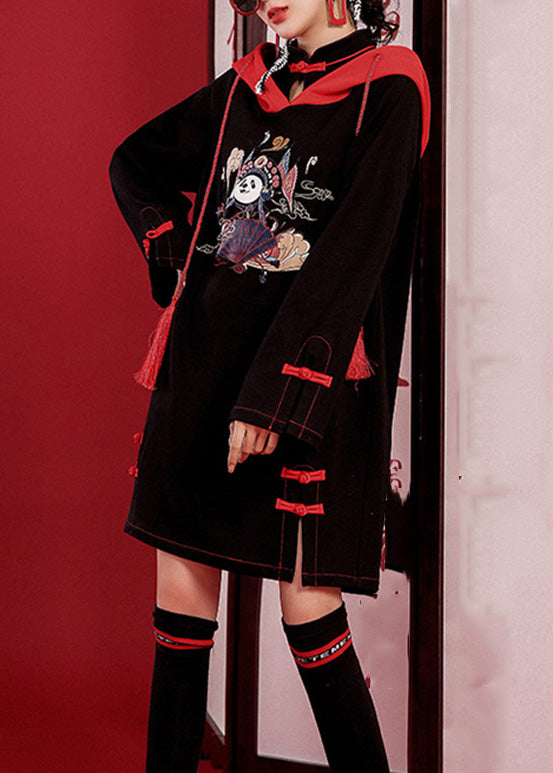 Black Print Drawstring Button Hooded Mid Dresses Long Sleeve
