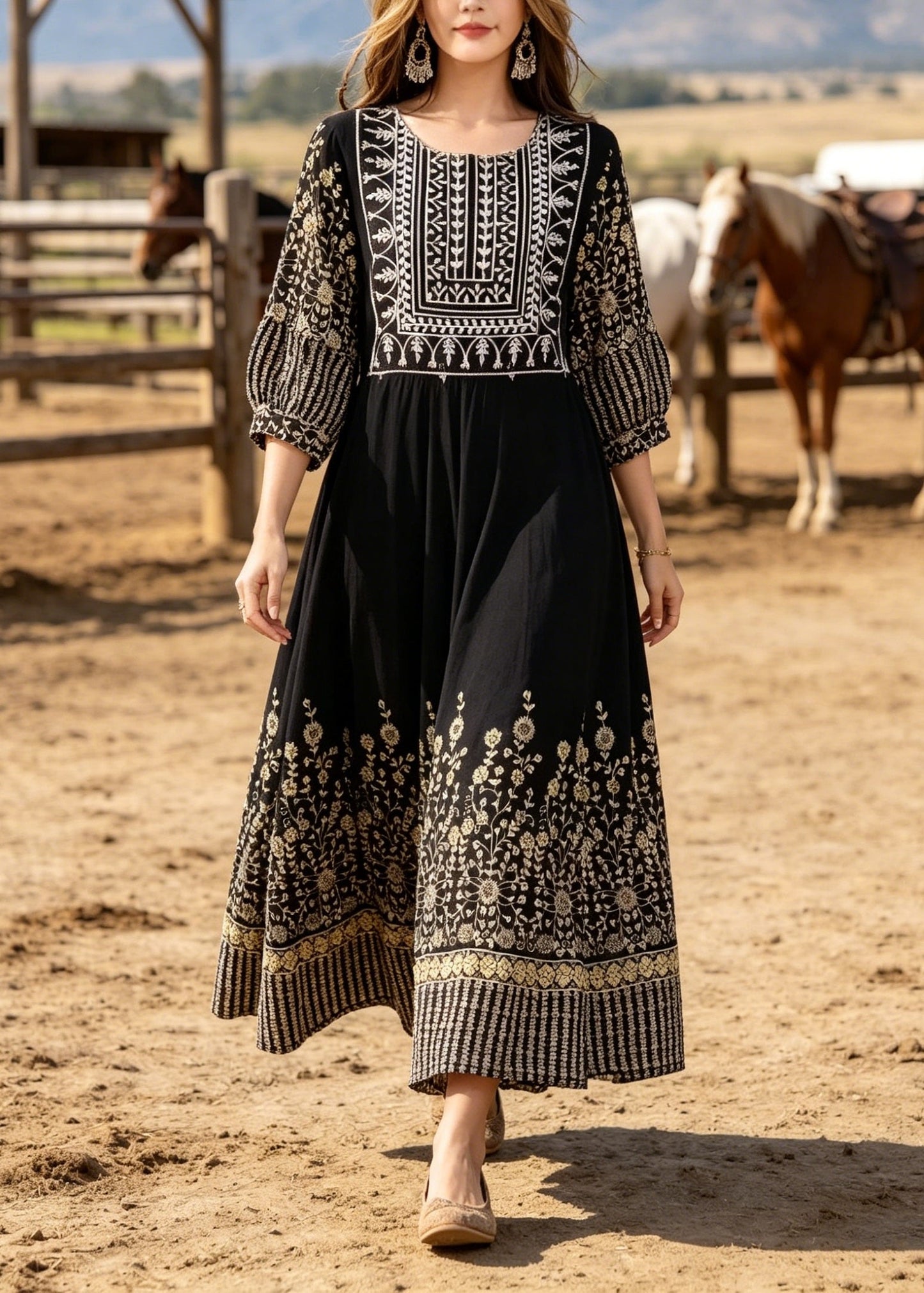 Black O Neck Print Cotton Long Dresses Summer