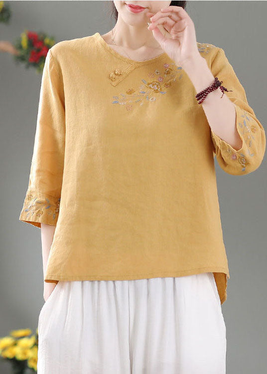Style Yellow O-neck Embroideried Linen Top Three Quarter Sleeve