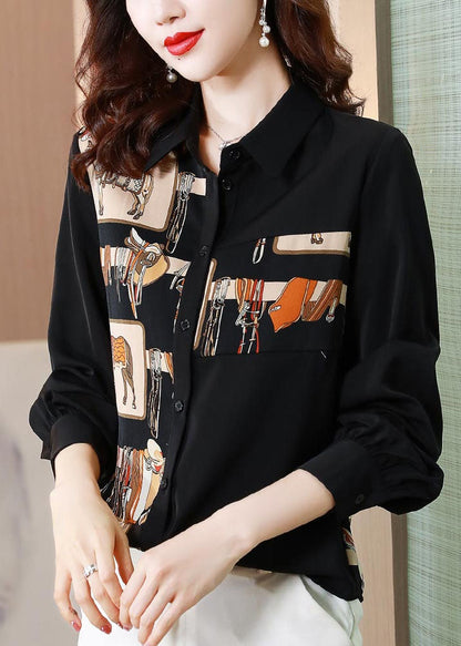 Natural Black Long Sleeve Patchwork Spring Shirt Tops