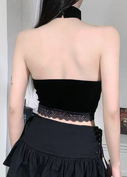 Black Hollow Out Lace Patchwork Silk Velour Tank Sleeveless