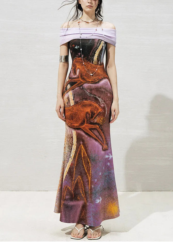 Slim Fit Purple Slash Neck Knit Patchwork Maxi Dresses Summer