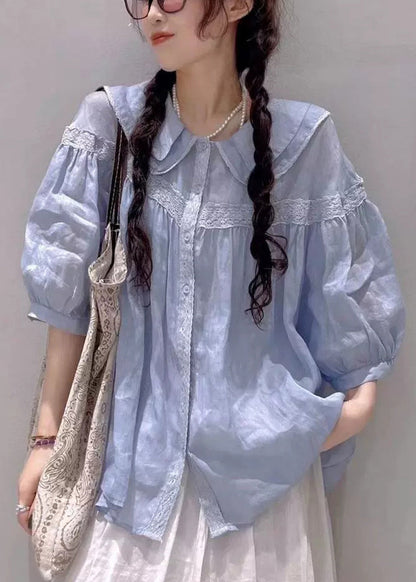 White Peter Pan Collar Lace Cotton Blouses Half Sleeve