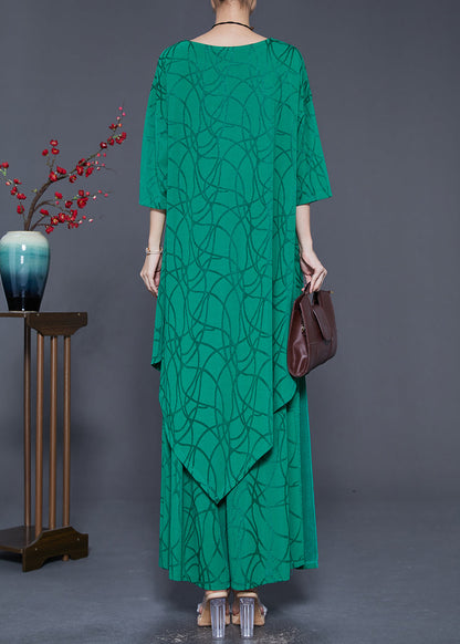 Green Asymmetrical Design Silk Two Pieces Set Summer