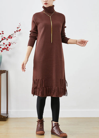Chocolate Knit Sweater Dress High Neck Tasseled Fall