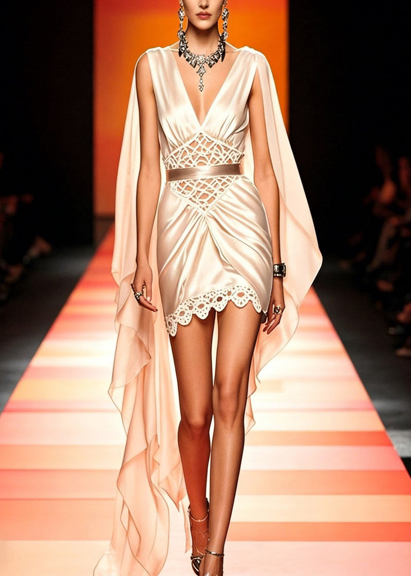 Slim Fit Champagne Color Asymmetrical Hollow Out Patchwork Silk Mid Dress Summer