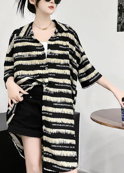 Black Striped Peter Pan Collar Ice Silk Mid Dress Short Sleeve