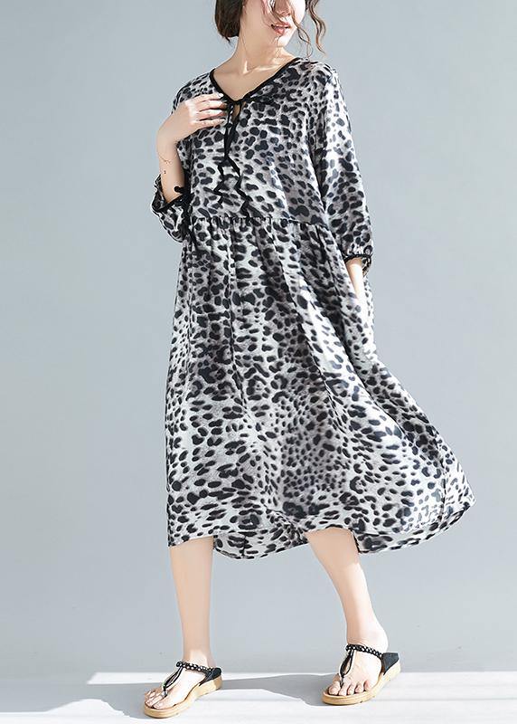 Organic V Neck Half Sleeve Lnspiration Gray Leopard a Line Dresses