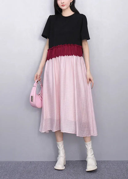 French Pink Patchwork Elastic Waist Maxi Dresses Summer