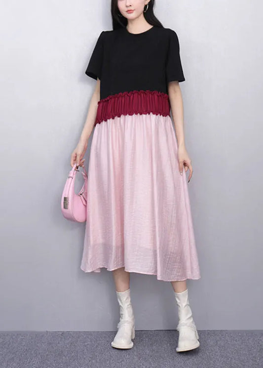 French Pink Patchwork Elastic Waist Maxi Dresses Summer