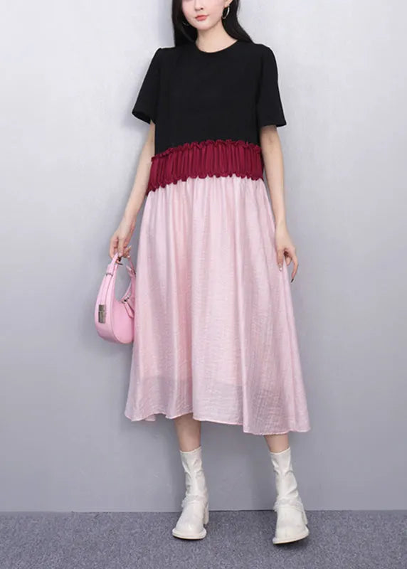 French Pink Patchwork Elastic Waist Maxi Dresses Summer