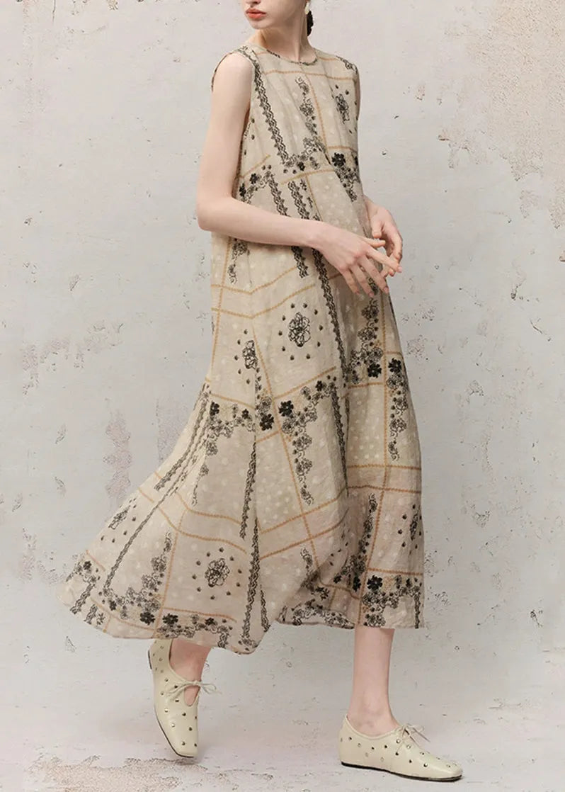O-neck Print Ramie Maxi Dress Summer