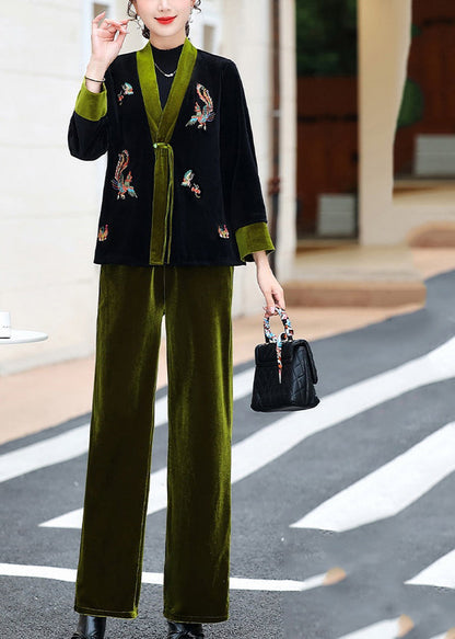 Green V Neck Embroideried Silk Velour Coats and Pants Two Piece Set Fall
