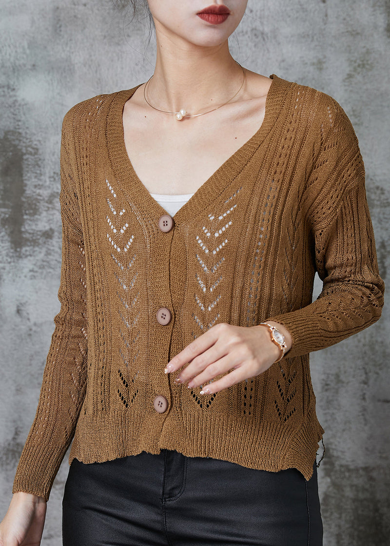 Coffee V Neck Hollow Out Knit Cardigans Spring