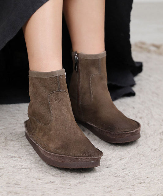 Soft Grey Zippered Boots Cowhide Leather Cross Strap Boots