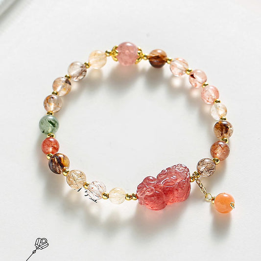 Buddha Stones Natural Rutilated Quartz Strawberry Quartz Pixiu Wealth Bracelet