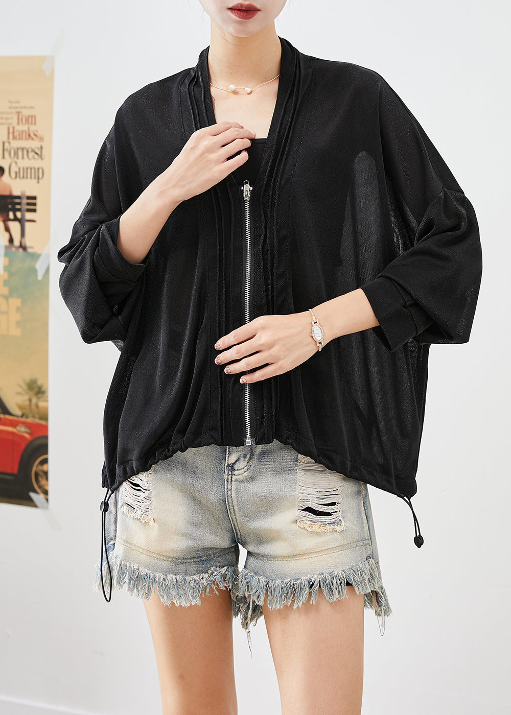 Black V Neck Drawstring Wrinkled Upf 50+ Coat Fall