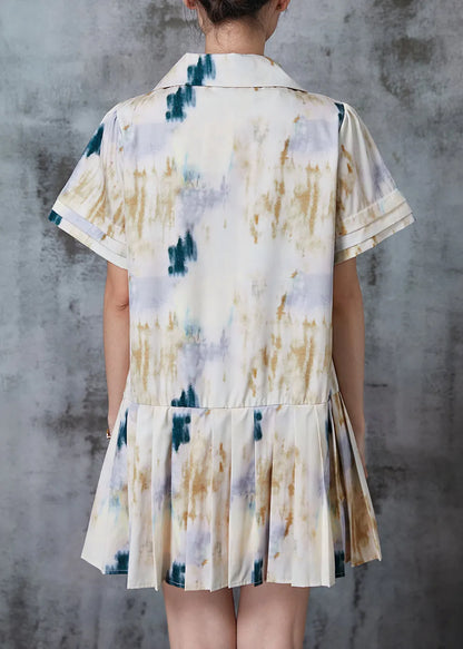 White Peter Pan Collar Tie Dye Cotton Pleated Dresses Summer