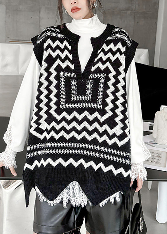 Black White Print V Neck Asymmetrical Thick Cotton Knit Waistcoat Sleeveless