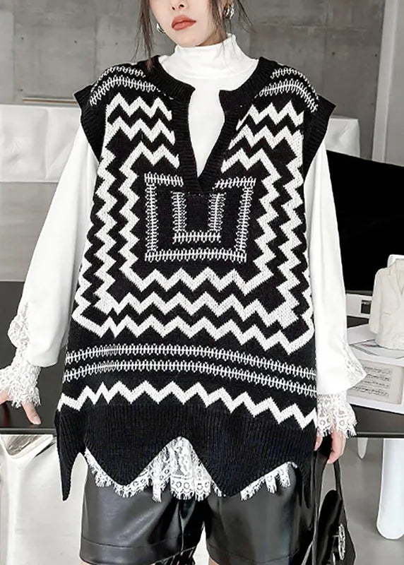 Black White Print V Neck Asymmetrical Thick Cotton Knit Waistcoat Sleeveless