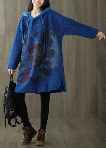 Navy Hooded Print Patchwork Side Open Dress Spring