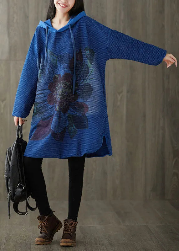 Navy Hooded Print Patchwork Side Open Dress Spring