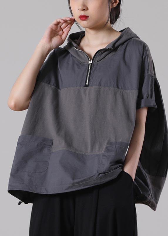 Fine Light Grey Zippered Patchwork Cotton T Shirt Summer
