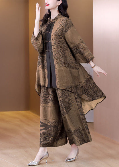 Coffee Print Low High Design Chinese Button Silk Two Pieces Set Spring