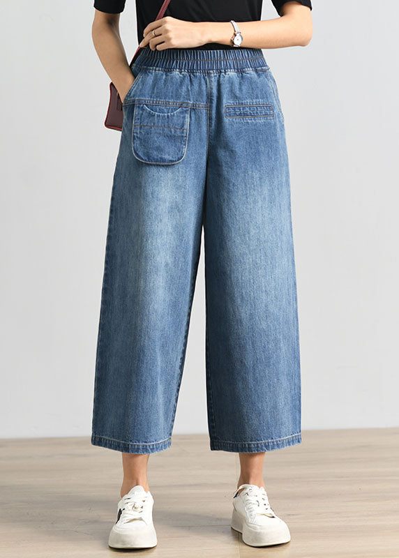 Denim Blue Elastic Waist Pockets Cotton Wide Leg Crop Pants Summer