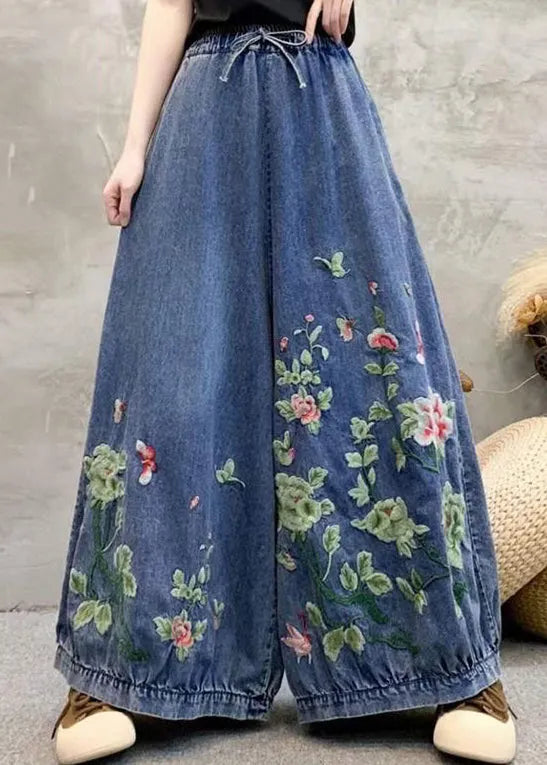 Blue Embroidered Elastic Waist Denim Wide Leg Pants Spring