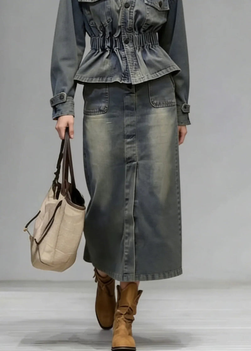 Boutique V Neck Wrinkled Denim Two Piece Set Clothing Spring