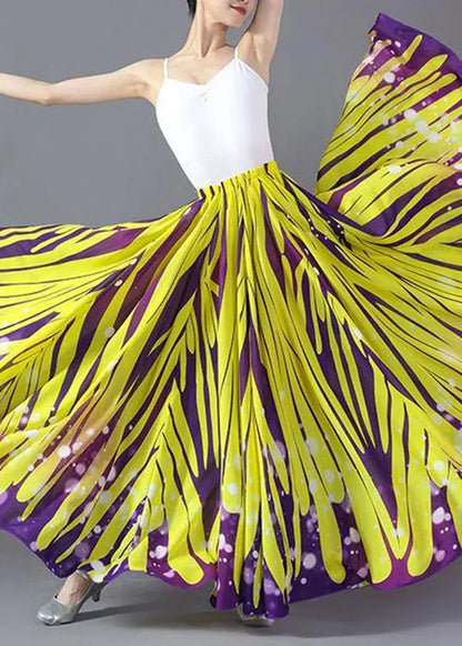 Yellow Striped Elastic Waist Chiffon a Line Skirts Summer