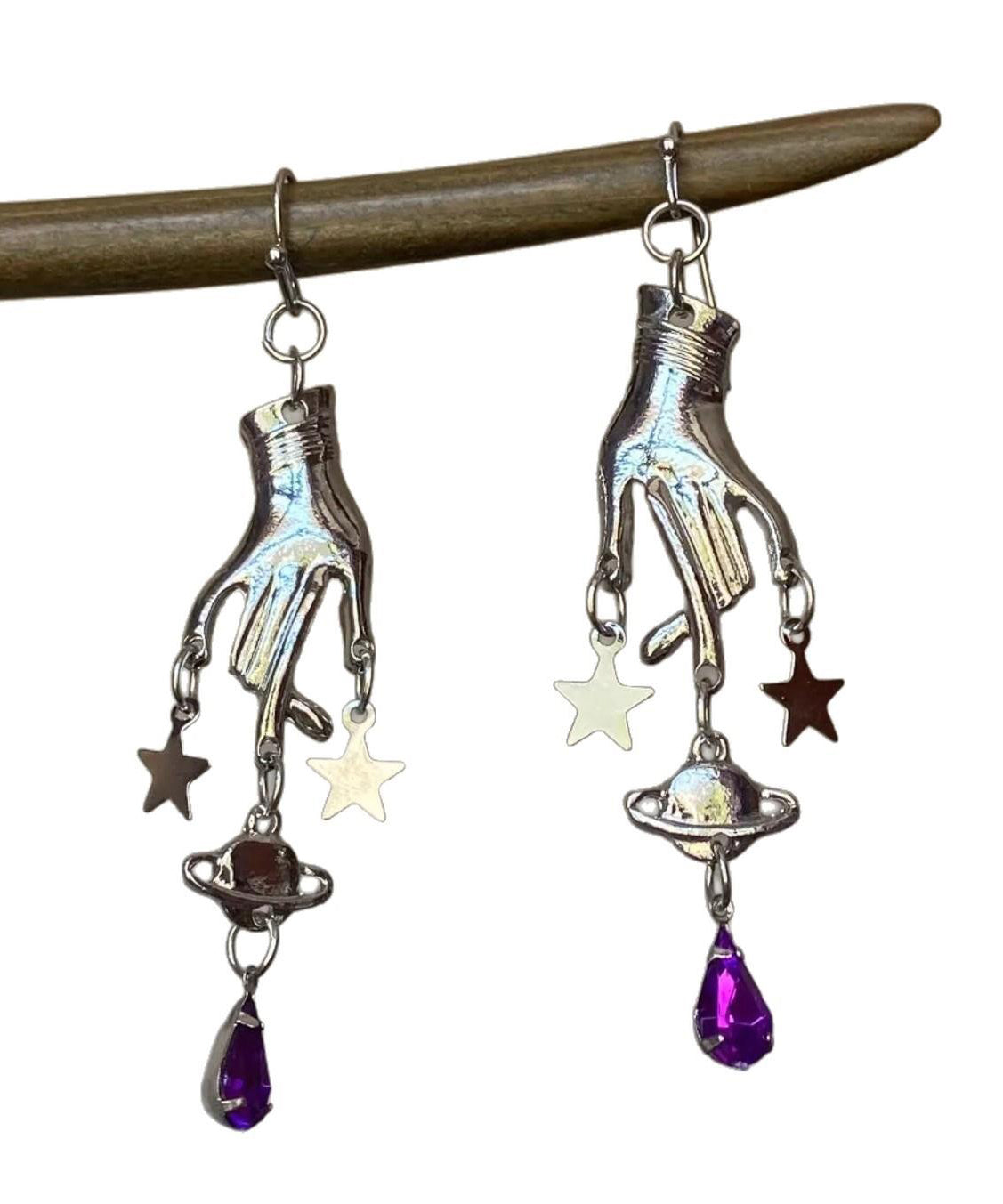 Unique Silk Stainless Steel Crystal Five-pointed Star Palm Drop Earrings