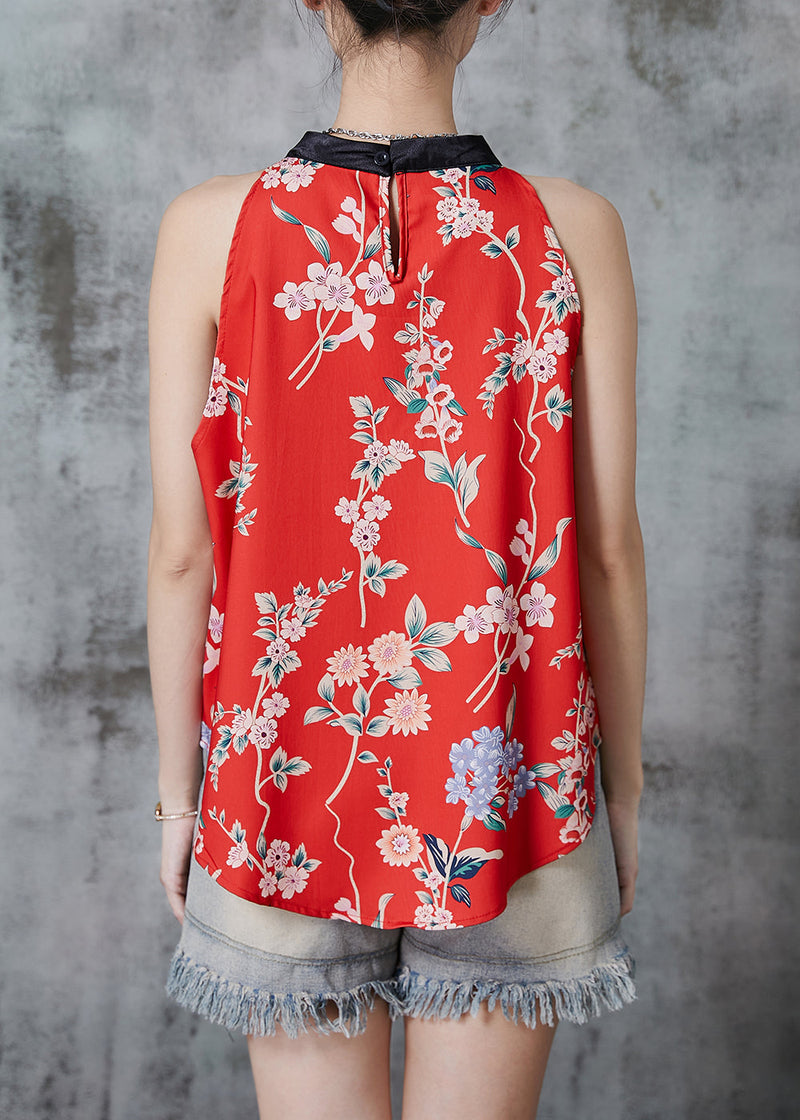 Red Stand Collar Print Tops Sleeveless