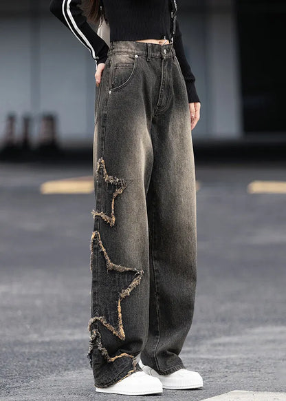 Black Grey Pockets Patchwork Denim Pants Fall