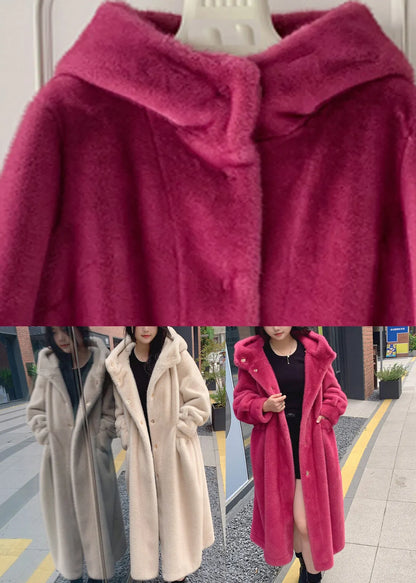 Beige Button Leather and Fur Hooded Maxi Coat Long Sleeve