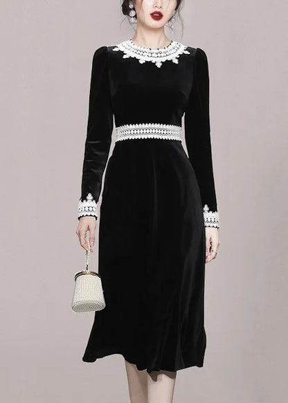 Slim Fit Black O-neck Lace Patchwork Velour Dress Fall