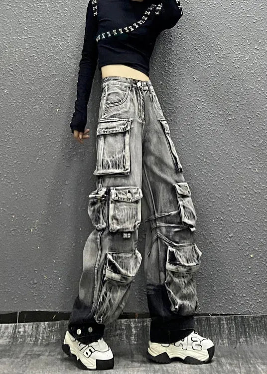 Gray Black Multi Pocket Denim Pants Autumn