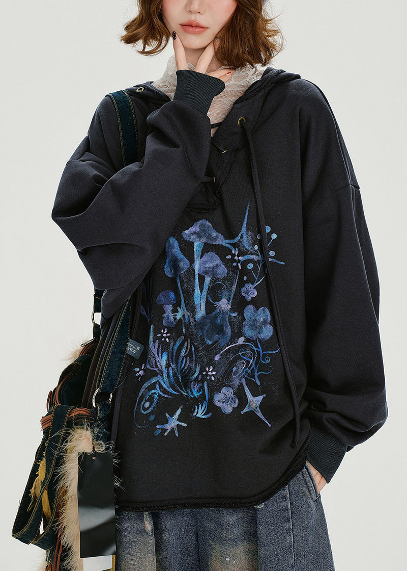 Dark Grey Hooded Print Cotton Pullover Sweatshirt Spring