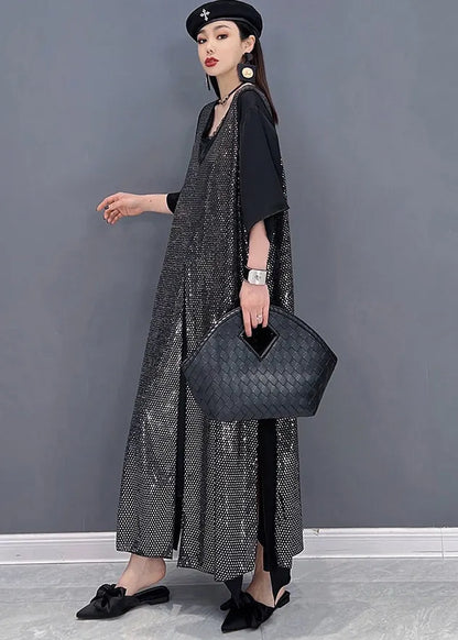 Unique Black V Neck Side Open Chiffon Long Dress and Sequins Long Smock Two Pieces Set Summer