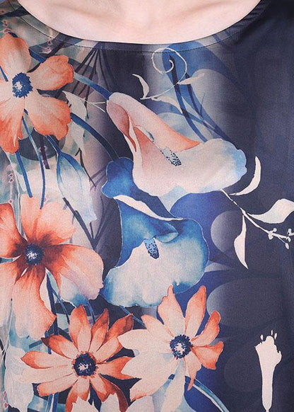 Comfy Blue Print Asymmetrical Design Half Sleeve Silk Summer Holiday Dress